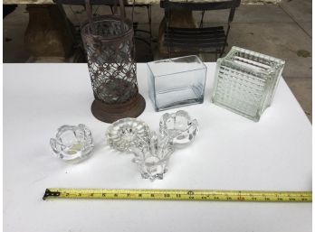 Glass Candle Votives, Tin Lantern And Glass Vessels