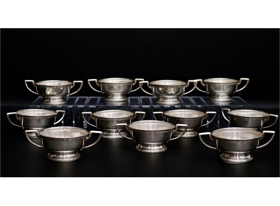 Set Of Eleven Sterling Silver Bouillon / Soup / Consommé Double Handle Bowl Holders - 492g
