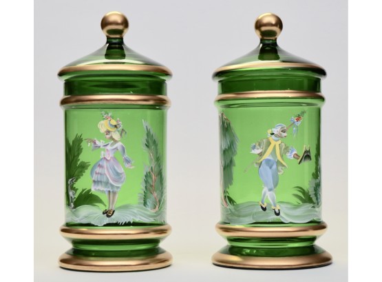 Set Of Two Hand Painted Green Glass Apothecary Jars With Gold Gilt Trim