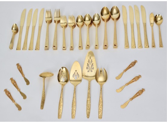 Mid-Century Modern Stanley Roberts 'Northport Gold' Pattern Flatware - Service For 8 + Compatible Serving Pieces
