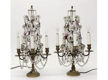Pair Of Two Antique Ormolu Crystal Electrified Candelabras