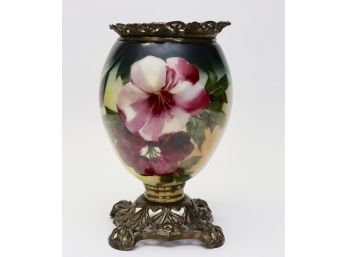Antique Hand Painted Vase With Filigree Metal Stand And Flower Frog
