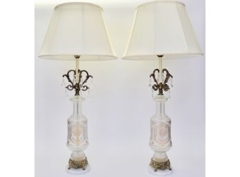 Set Of Two Vintage Glass, Brass Lamps With Crystal Drops
