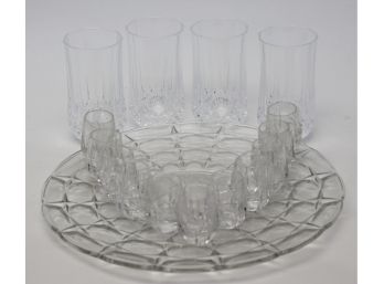 Set Of 11 Crystal Shot Glasses, Four Drinking Glasses And Platter
