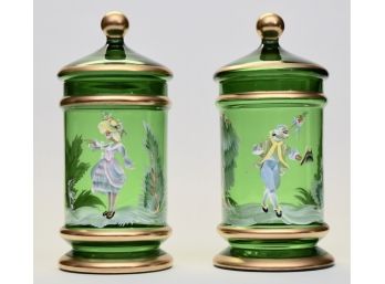 Set Of Two Hand Painted Green Glass Apothecary Jars With Gold Gilt Trim