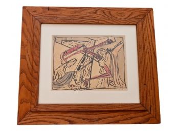 Vintage 1940's Abstract Pen And Ink Drawing On Paper Of The 12th Station Of The Cross