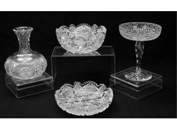 Cut Crystal Decanter, Pedestal Candy Dish And Bowls