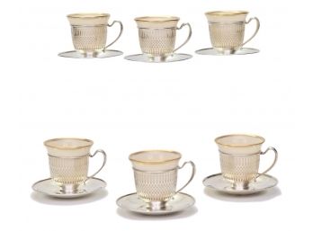 Set Of Six Sterling Silver And Lenox Porcelain Demitasse Cups And Saucers 202.71g
