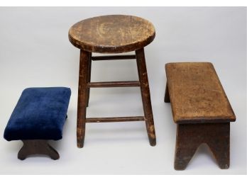 Three Vintage Wooden Stools And Footstools