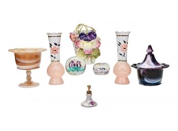 Imperial Purple Slag Glass Lace Edge Covered Candy Bowl, Hand Blown Pink Floral Vases, Paperweights And More.