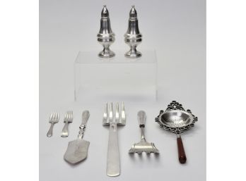 Sanborns Mexico Large Sterling Silver Fork And Tea Strainer, Columbia Sterling Silver Salt & Pepper Shakers And More