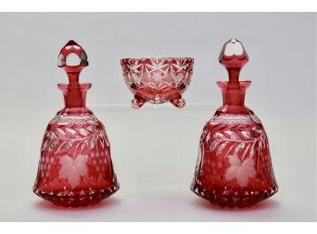 Set Of Two Antique Cranberry Cut To Clear Crystal Glass Decanters And Candy Bowl