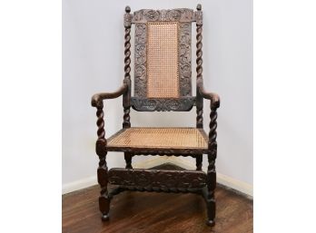 Antique 18th Century English Carved Barley Twist Wood And Cane Chair