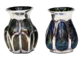 Two Loetz Style Glass Vases With Sterling Silver Overlay