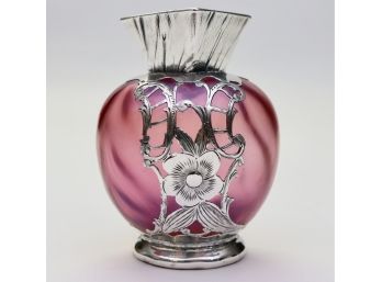 Art Nouveau Loetz Style Sterling Silver Overlay Glass Cabinet Vase