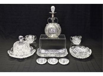 Collection Of Antique Cut Crystal Serving Pieces + Antique Decanter With Sterling Silver Top