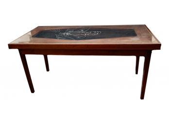 Custom Made Wood Table With Etched Brazilian Female Figurine Glass Top