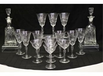 Antique Crystal Cut Glass Wine And Cordial Glasses + Two Decanters
