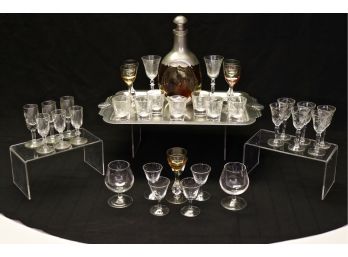 Collection Of Shot Glasses, Pewter Tray And Amber And Pewter Decanter