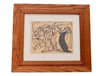 Vintage 1940's Abstract Pen And Ink Drawing On Paper Of The 4th Station Of The Cross