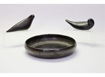 Black Pottery Bowl And Birds
