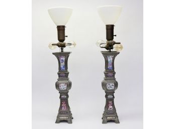 Set Of Two Vintage Chinese Pewter Torchiere Lamps With Hand Painted Panels And Milk Glass Ribbed Shades