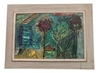 Scher, Art Student Of Syd Solomon, Signed Oil On Board Abstract Art Painting 'Garden Lanterns'