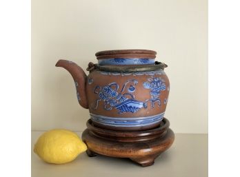 Large Ceramic Tea Pot On Rosewood Stand With Glazed Accents - Double Handled