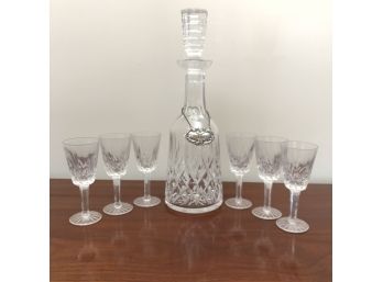 Waterford! 6 Lismore Cordial Glasses  And 13' Decanter With Sterling Sherry Dangle