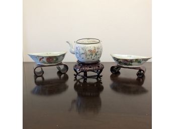 Antique Asian Pottery & Tea Pot Collection - All On Rosewood Bases - Marks On Wedge Bowls