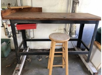 Workbench With Metal Legs, Wood Top, Stool And Drawer Of Hand Tools - 61 X 24 X 38