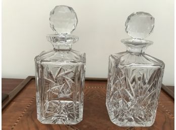 Two Crystal Decanters - American Cut Eleanor And  Badash Crystal Oxford Plus Inlaid Wood Tray