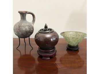 An Urn A Bowl And A Bronze Incense Burner - Antiquities