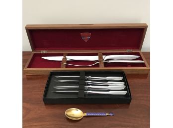 Gerber Carving Knife & Fork Set, Towle Steak Knives And Sterling Enameled Spoon From Norway