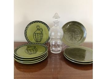 Etched Glass Carafe & 8pc Green Plate Collection - Italian Motif & Scene
