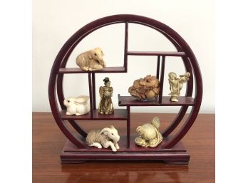 Rose Wood Round Display Stand With  Miniatures - Netsuke