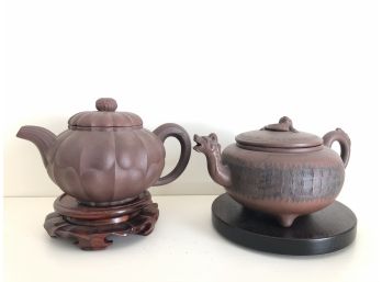 Pair Of Vintage Yixing Clay Tea Pots On Wooden Bases