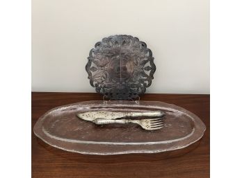 Large Glass Fish Platter, Antique Silver Plate Serving Pieces & Trivet