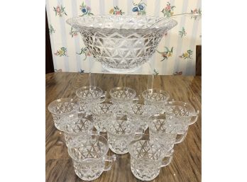 Cut Glass Punch Bowl With Ladle And 12 Glasses - Classic!