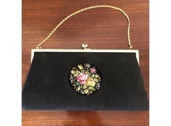 Black Petit Point Accented Evening Bag With Gold Chain - 10 X 5 - Gorgeous Detail