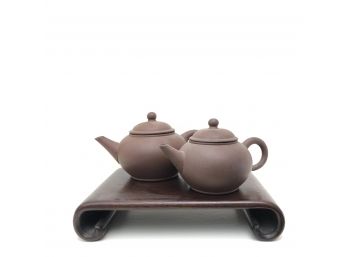 Vintage Pair Of Yixing Clay Tea Pots On Wooden Stand