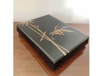 Japanese Black Lacquered Lidded Box With Bamboo Detail - Original Wooden Gift Box  11 X 8 X 2