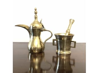 Brass Pair - Mortar And Pestle, Turkish Coffee Pot