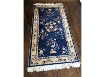 Antique Hand Knotted Chinese Wool Rug - Blue With Birds - 56 X 29