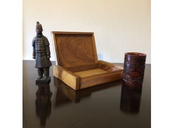 Desk Top Accessories - Metal Replica Terracotta Soldier, Wooden Hinged Box & Ceramic