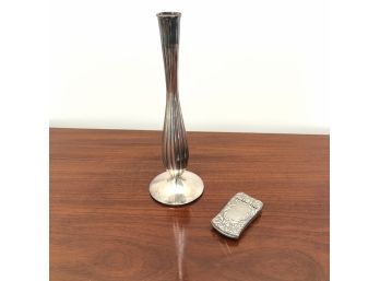 Antique Engraved Match Holder (1900) & Silver Weighted Vase