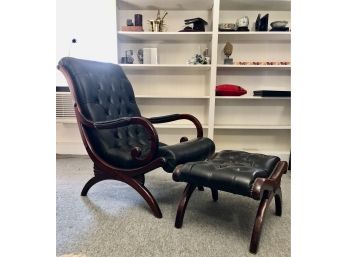 Mid-Century Tufted Leather Campaign Chair & Ottoman  - Mahogany