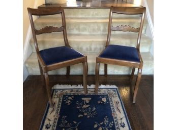 Pair Of Antique Swiss Walnut  Chairs With Blue Velvet  Seats