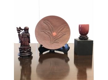 Carved Light Wooden Plate, Carved Figure & Ceramic Cup On Cube Base