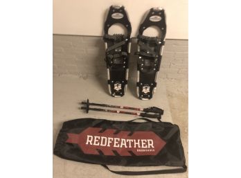 Pair Of Red Feather Snow Shoes With Shock Absorbing Poles And Case